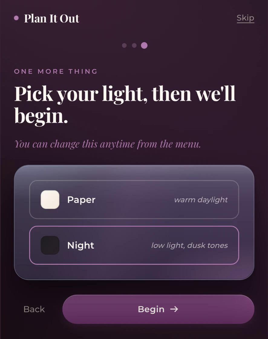 Theme picker offering Paper and Night reading modes.
