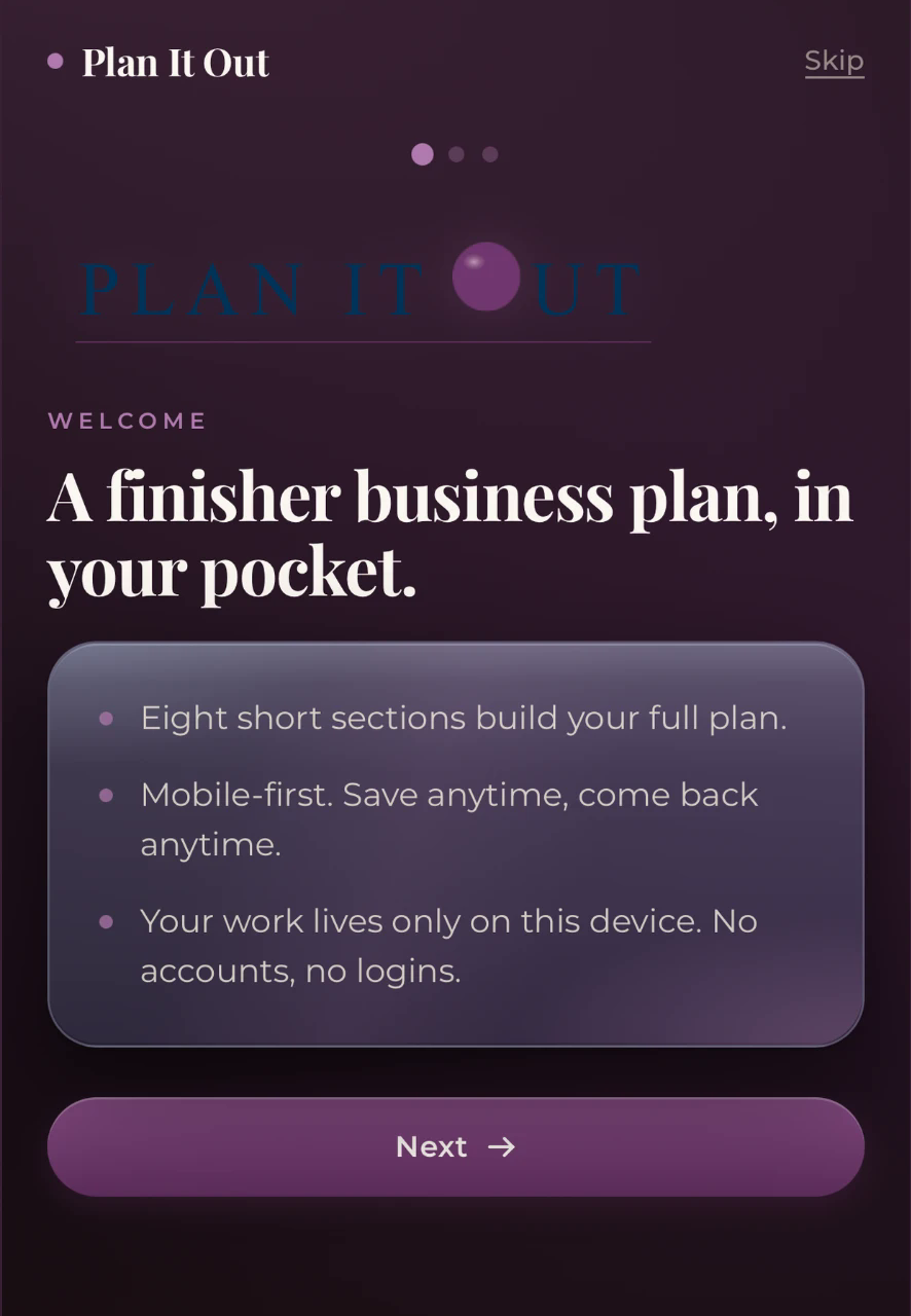 Plan It Out welcome screen: a finisher business plan, in your pocket.