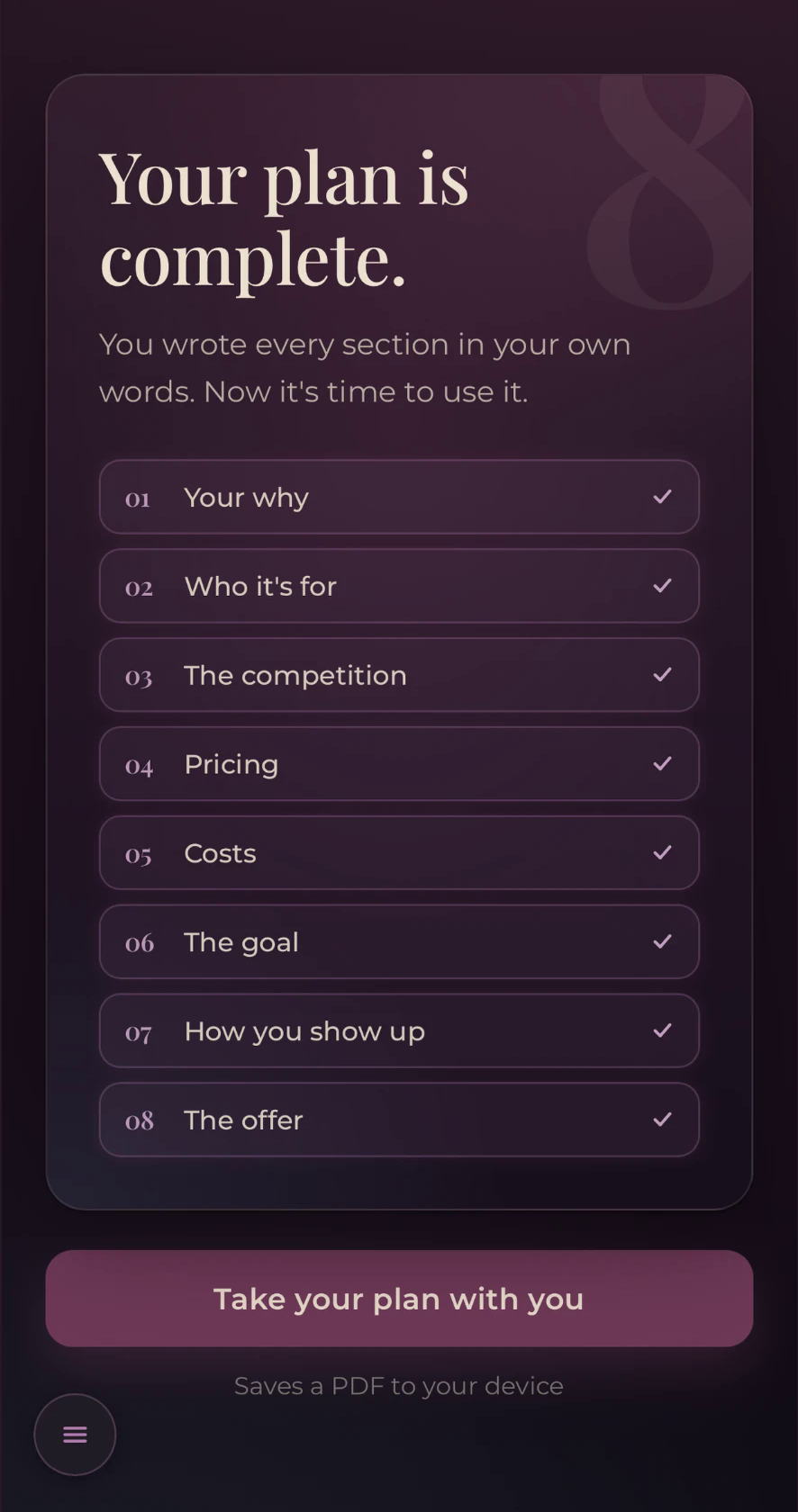 Plan It Out completion screen with all eight plan sections checked off