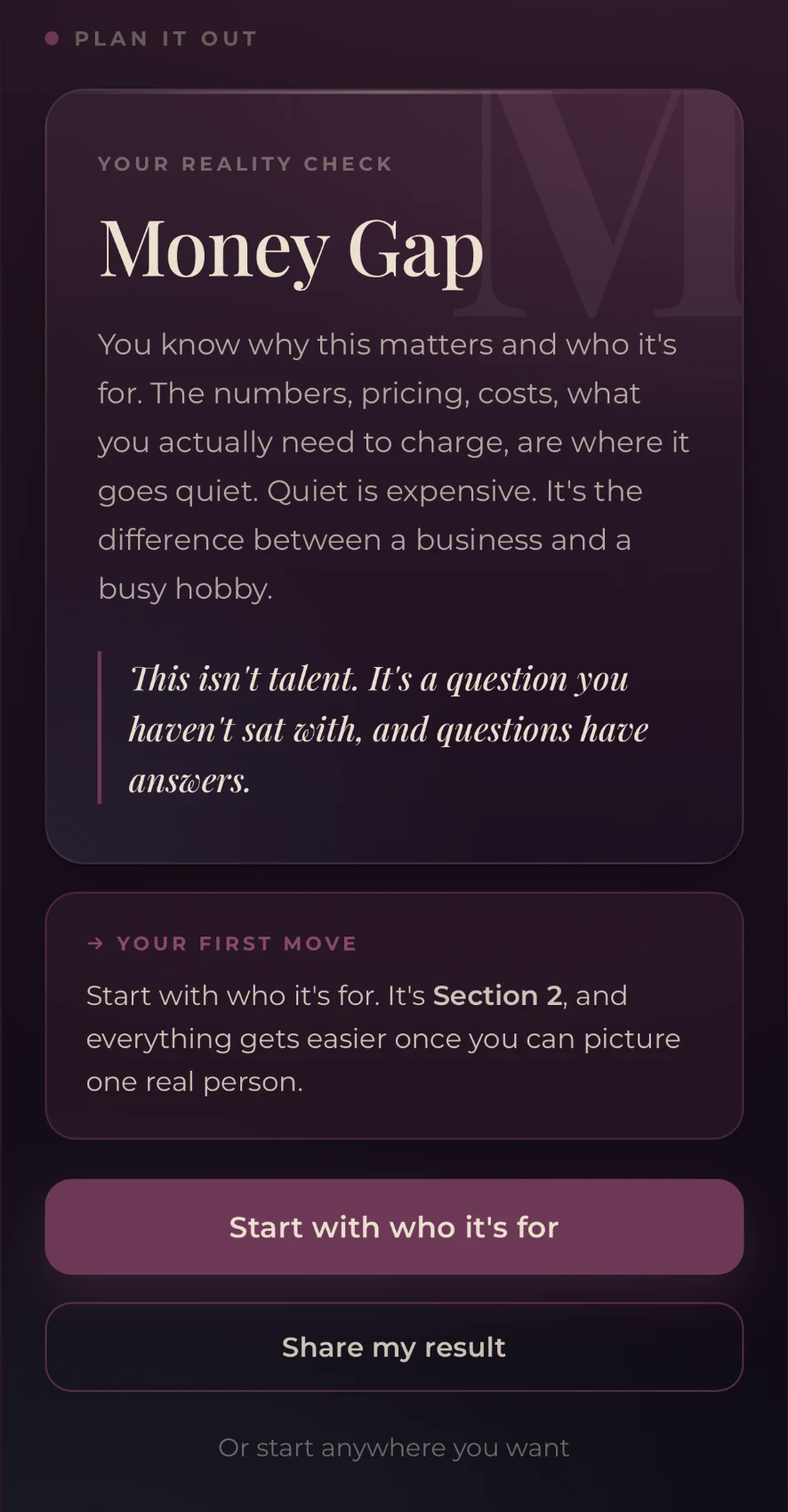Reality Check result screen showing a Money Gap diagnosis.