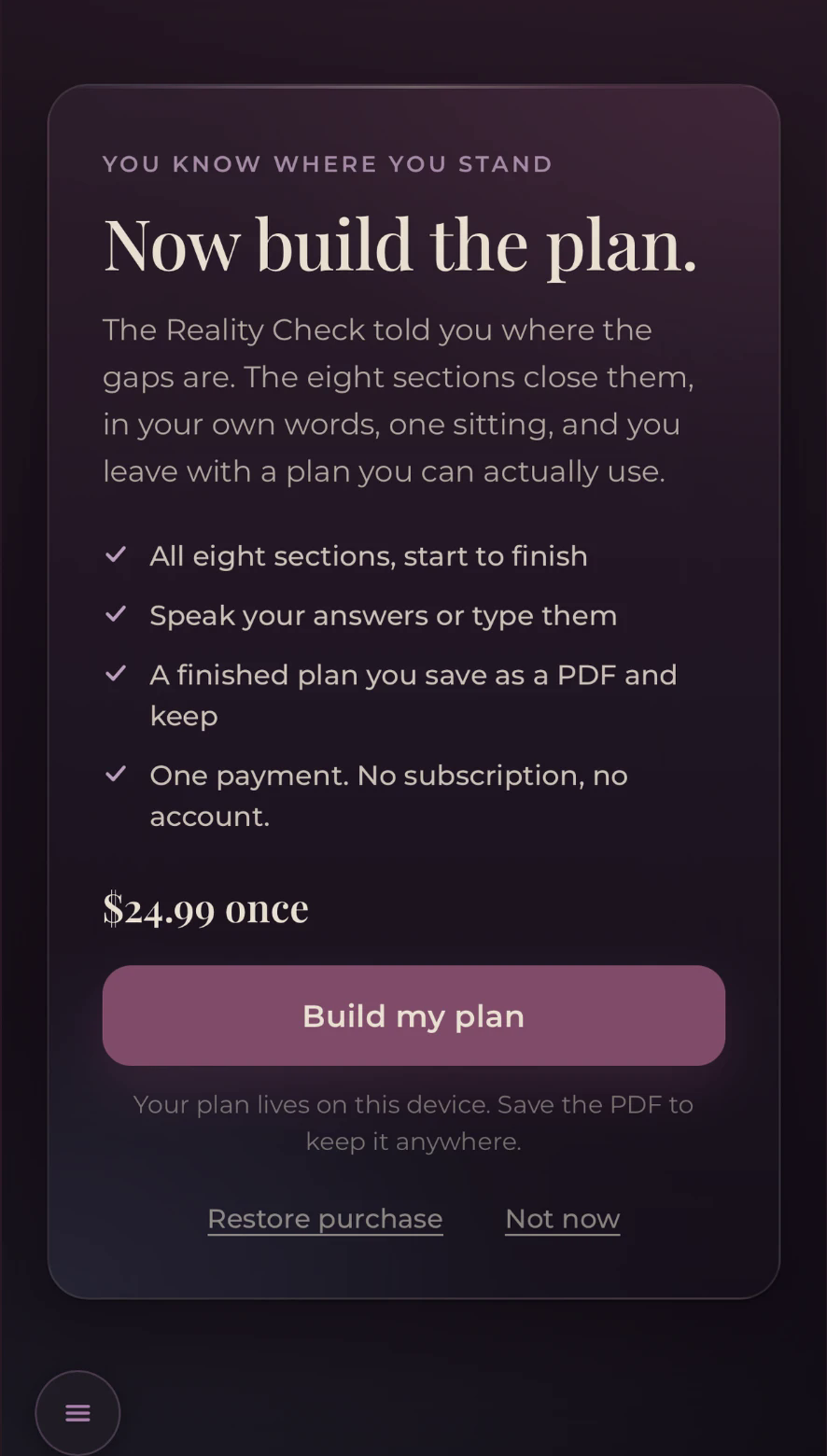 Plan It Out pricing screen: $24.99 once, all eight sections.